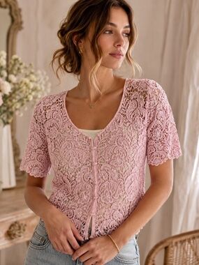 Romantic Cottagecore Crochet Lace Cardigan Blush Pink Button‎ Front Top